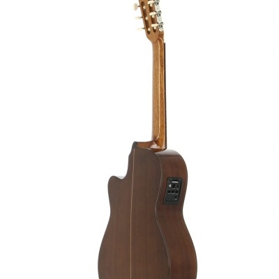 Guitarra acústica castanha escura vista de trás com painel eletrônico