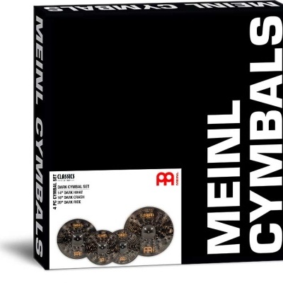 Caixa preta de pratos de bateria MEINL CYMBALS com texto branco e imagem de cinco pratos âmbar escuro.