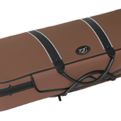 Estojo rígido castanho para instrumento musical com detalhes em preto e alça de transporte