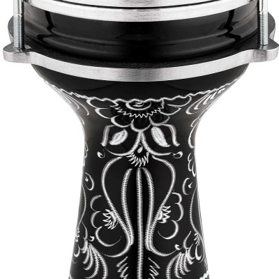 Darbuka preta com decoração branca, pele sintética branca com logo preto MEINL e aro metálico prateado