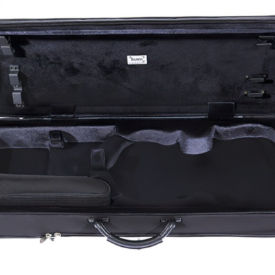Estojo rígido preto para violino aberto mostrando interior acolchoado cinzento escuro e bolsos para acessórios