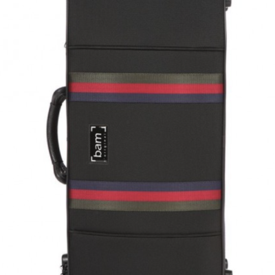 Estojo rígido preto com alças e faixas coloridas