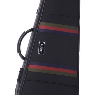 Estojo rígido para violino preto com faixas coloridas e alça lateral