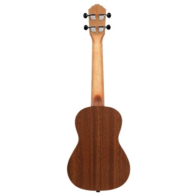 Ukulele de madeira castanha visto de trás sobre fundo branco