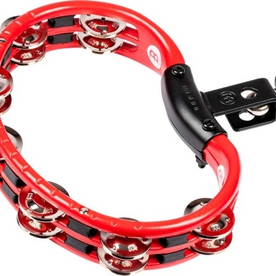 Pandeireta vermelha com címbalos prateados e suporte preto