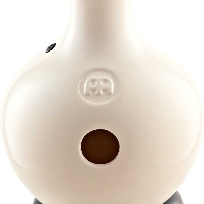 Recipiente cerâmico creme com base preta e buraco circular na frente