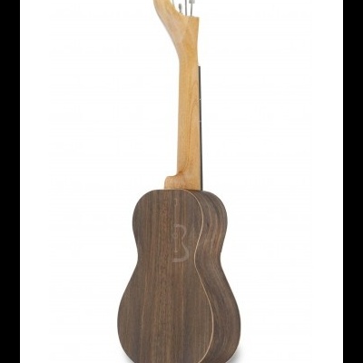 Ukulele em madeira clara e escura visto de trás com símbolo no centro do corpo