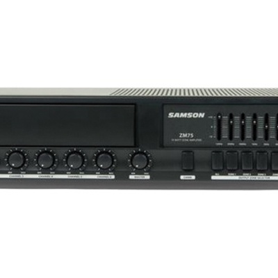 Amplificador de som preto SAMSON ZM75 com botões, equalizador e texto indicativo