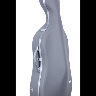 Estojo rígido cinza para violoncelo com alça lateral.