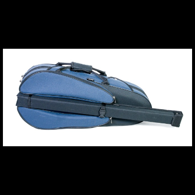 Estojo azul e preto para transporte com alças sobre fundo branco