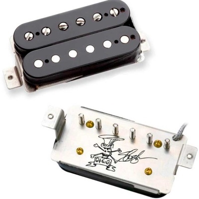 Captador humbucker de guitarra elétrica preto com placa metálica gravada.