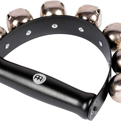 Pandeireta preta com seis campainhas metálicas e pega ergonómica