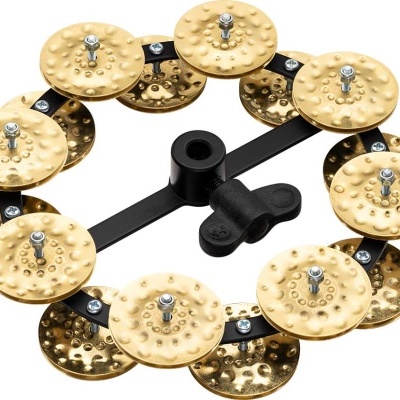 Prato musical chocalho com 12 pequenos pratos dourados e armação preta