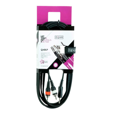 Cabo de áudio profissional OQAN OABLP com conetores RCA e jack 3,5 mm na embalagem