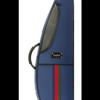 Estojo para violino azul com riscas verticais vermelha, rosa e verde e alça preta