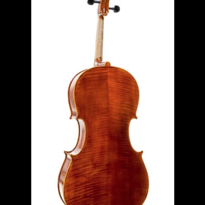 Violoncelo de madeira castanha com textura e cravelhas pretas em fundo branco