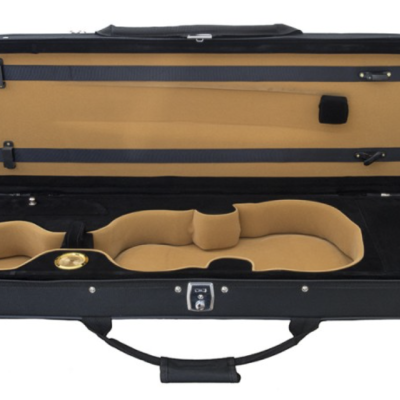 Estojo aberto para violino preto com interior bege e compartimentos para arco