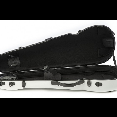 Estojo de violino branco com interior preto acolchoado aberto