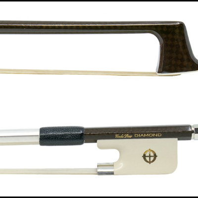 Arco de violino em madeira escura com empunhadura preta e inscrição dourada