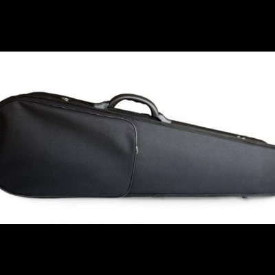 Estojo rígido preto para violino com bolso frontal e alça.