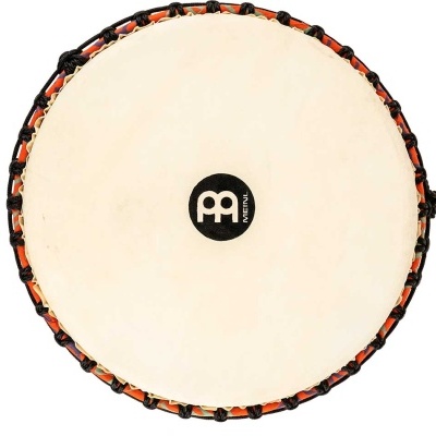 Tambor de mão redondo com pele clara e borda colorida