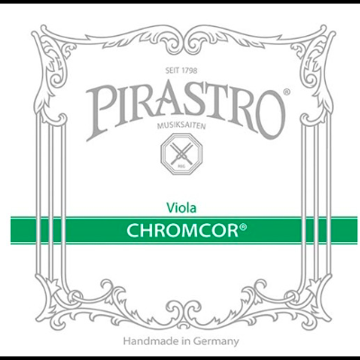 Embalagem de cordas Pirastro para viola com texto verde e ornamentos decorativos.