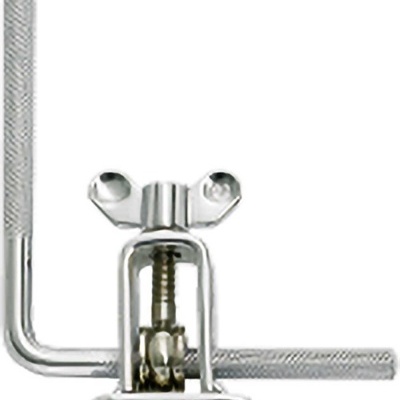 Suporte metálico cromado para instrumento musical com parafusos ajustáveis.