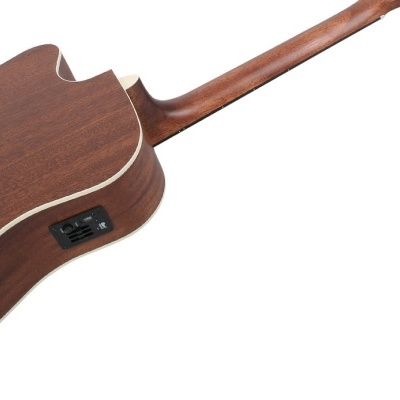 Guitarra acústica elétrica castanha escura com contorno branco e controles laterais