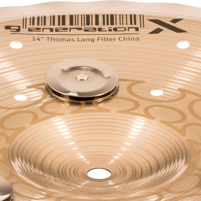 Prato de bateria dourado com padrão espiral e texto 'generaTion X 14