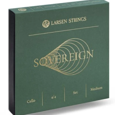 Embalagem verde escura com texto dourado para cordas de violoncelo