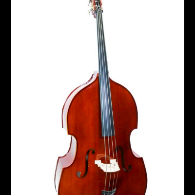 Contrabaixo acústico em madeira castanha com fundo branco