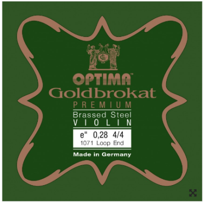 Pacote de cordas para violino Optima Goldbrokat Premium em aço niquelado, indicado e 0,28 4/4 1071 Loop End, fabricado na Alemanha