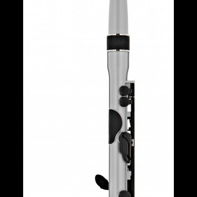 Flauta transversal prateada com detalhes pretos em fundo branco