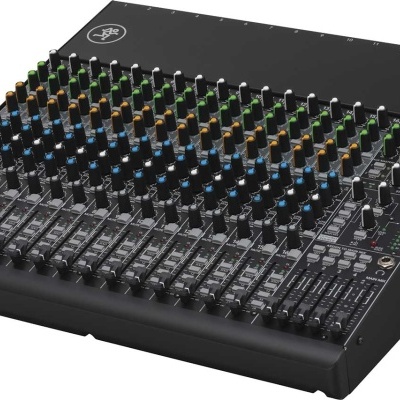 Mesa de mistura de áudio preta com botões coloridos e faders