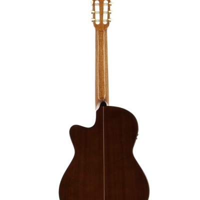 Guitarra acústica em madeira castanha escura vista de costas