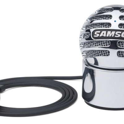 Microfone de mesa cromado com cabo USB e texto SAMSON