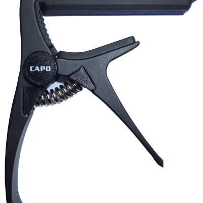 Capotraste preto para guitarra com mola e texto CAPO