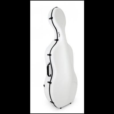 Estojo rígido branco para violoncelo com fechos pretos e texto GIGBAG