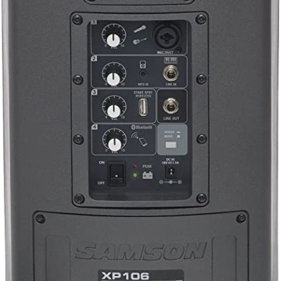 Coluna ativa de som portátil Samson XP106 vista traseira