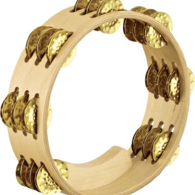 Pandeireta de madeira clara com pratos metálicos dourados