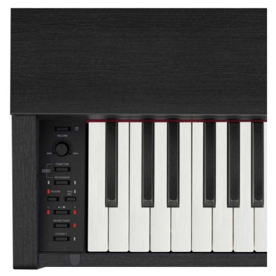 Teclado elétrico preto com painel de controlo lateral e teclas