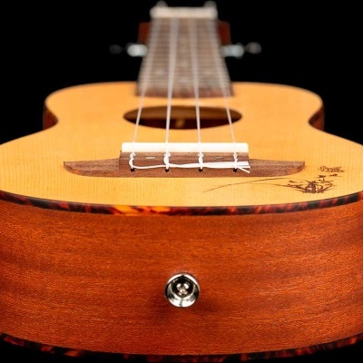 Ukulele com tampo em madeira clara e corpo em madeira castanha