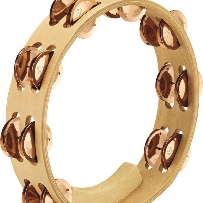 Pandeireta em madeira clara com sinos metálicos de tom cobre