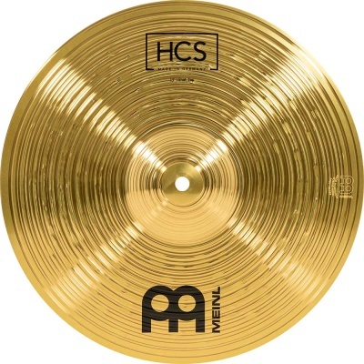 Prato de bateria dourado com textos HCS MADE IN GERMANY e MEINL