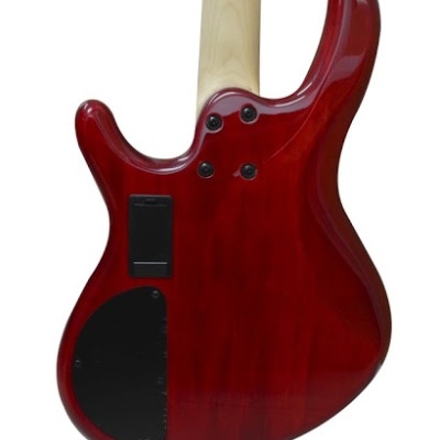 Parte traseira de guitarra elétrica vermelha com braço em madeira clara e tampas pretas