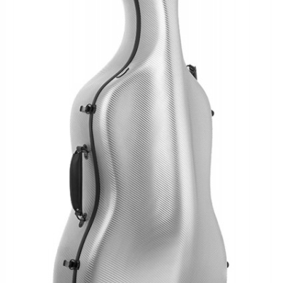 Estojo rígido cinza prateado para violoncelo com alça e fechos pretos