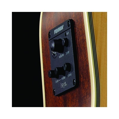 Painel de controlo preto com botões numa guitarra acústica elétrica em madeira