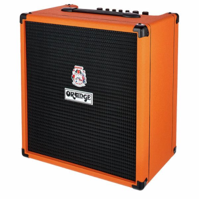 Amplificador de som laranja com frente preta e logotipos