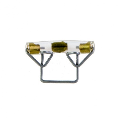 Fusível de vidro com terminais metálicos dourados e suporte metálico prateado