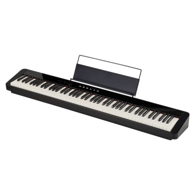 Piano digital preto com 88 teclas e suporte para partituras